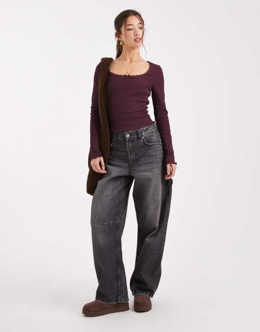 Miss Selfridge - Top color prugna a coste con scollo squadrato, 3 di 4