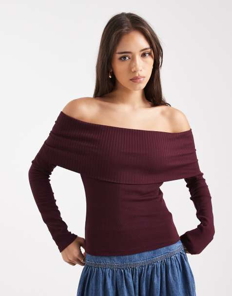 Miss Selfridge - Top color prugna a coste miste con scollo alla Bardot - view 1