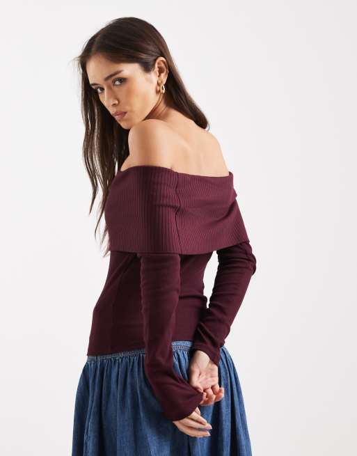 Miss Selfridge - Top color prugna a coste miste con scollo alla Bardot, 4 di 4