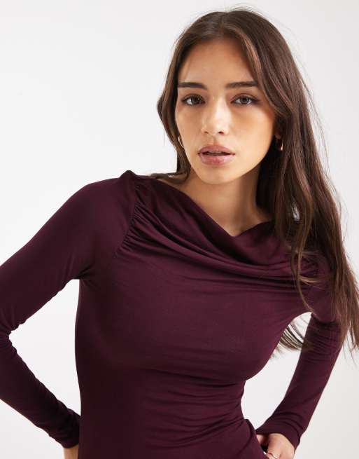 Miss Selfridge - Top color prugna arricciato con scollo a barchetta, 3 di 4