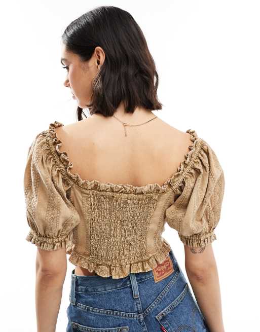 Miss Selfridge - Top con maniche a sbuffo in pizzo kaki slavato, 4 di 4