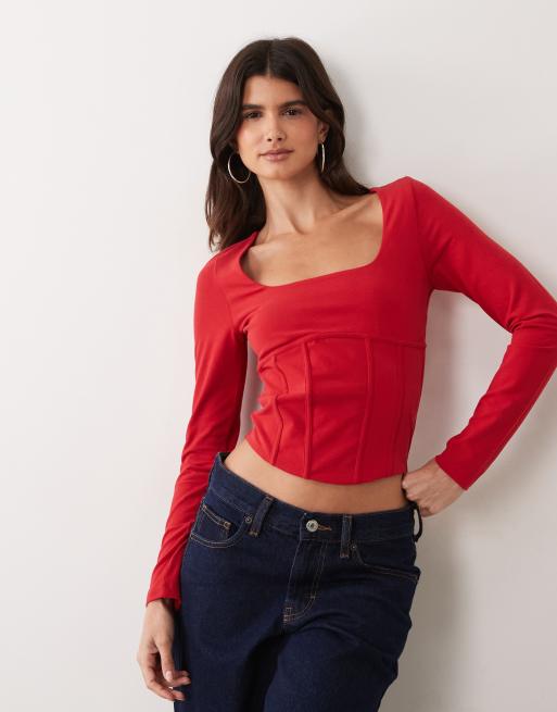 Miss Selfridge top con maniche lunghe e dettaglio corsetto rosso, 1 di 4