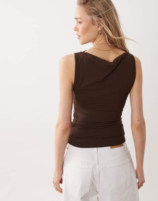 Miss Selfridge - Top con scollo dritto arricciato color cioccolato, 4 di 4