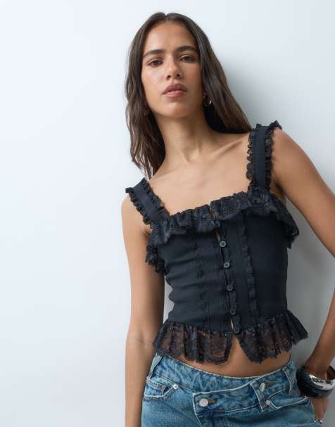 Miss Selfridge top corset cintré boutonné devant en dentelle noir - view 1