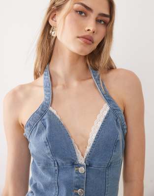 Top corset en jean avec bordures en dentelle - Délavage moyen-Bleu 42