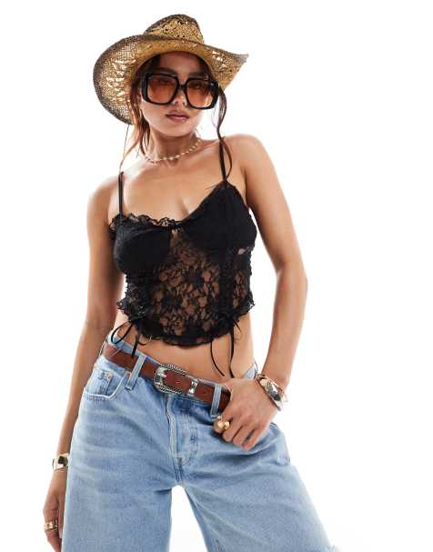 Miss Selfridge - Top corset style festival noué sur le devant - Noir - view 1