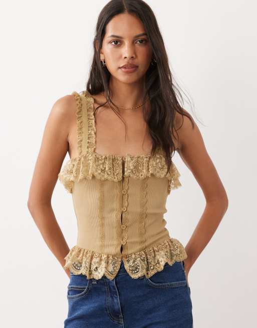 Miss Selfridge top corsetto cami con bottoni e pizzo color kaki