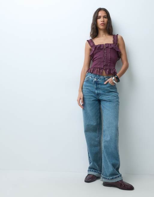 Miss Selfridge top corsetto con abbottonatura e pizzo color fig, 3 di 5