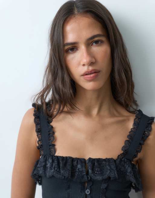 Miss Selfridge top corsetto con bottoni e pizzo nero, 4 di 5