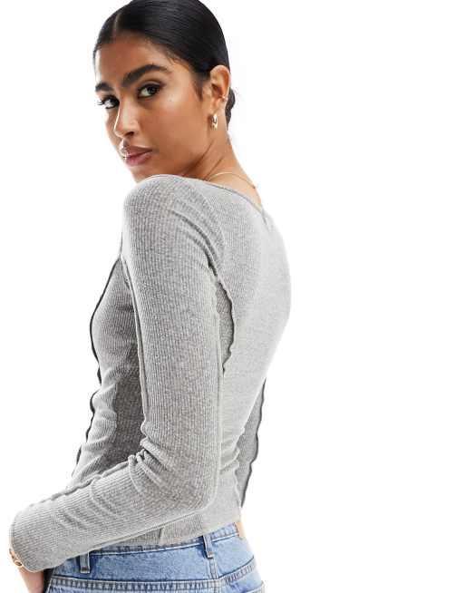 Miss Selfridge - Top côtelé 2-en-1 à boutons pression et empiècement en dentelle - Gris chiné, 4 de 4