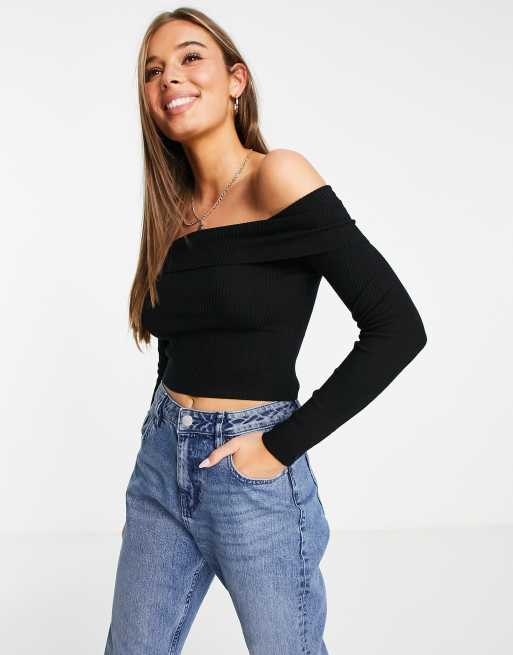Miss Selfridge - Top côtelé à col Bardot replié - Noir - BLACK, 4 de 4