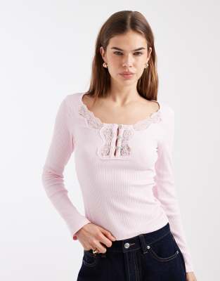 Top côtelé à manches longues avec empiècement en dentelle - Rose S