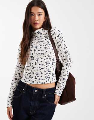 Top côtelé à petites fleurs avec col montant-Multicolore 32