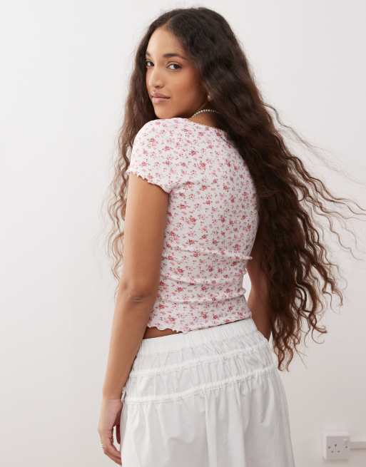 Haut Miss Selfridge Blanc à Fleurs Taille 4 - Manches Courtes, Occasion Très Bon état