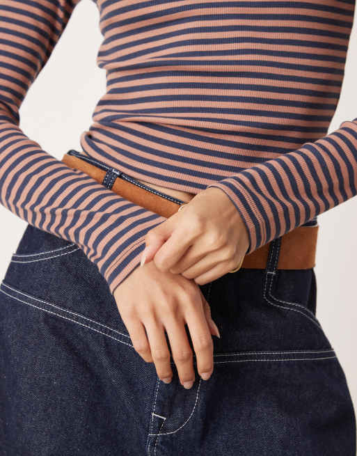 Miss Selfridge - Top côtelé à rayures avec manches longues et col ras de cou - Bleu marine et marron, 4 de 4