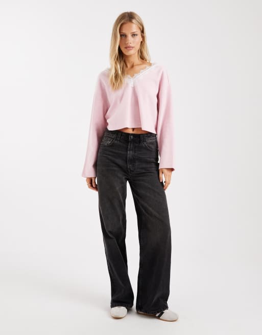Miss Selfridge - Top côtelé effet brossé à col V et bord en dentelle - Rose, 4 de 4