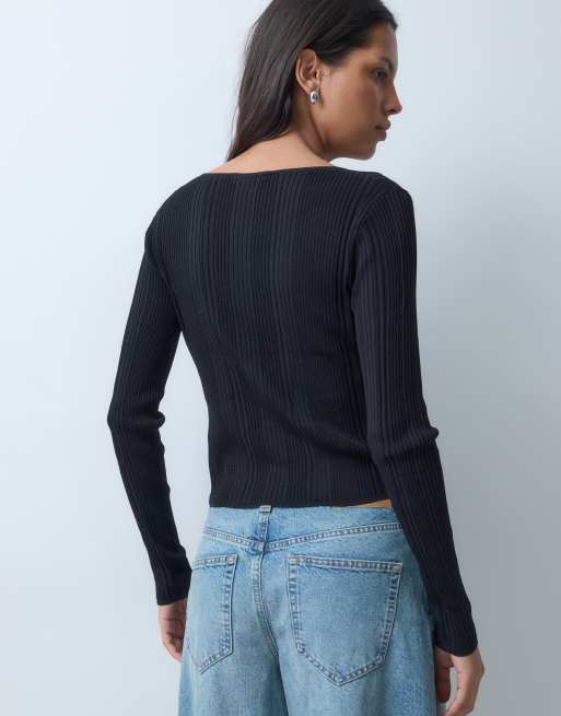 Miss Selfridge top côtelé en maille fine avec boutons dorés, noir, 4 de 4