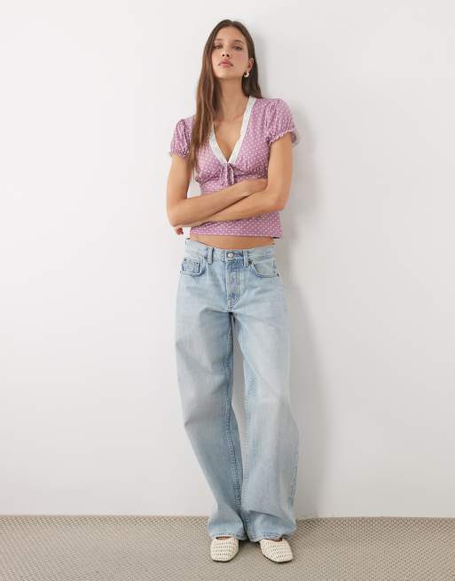 Miss Selfridge - Top da giorno rosa a pois con scollo a V, 2 di 4