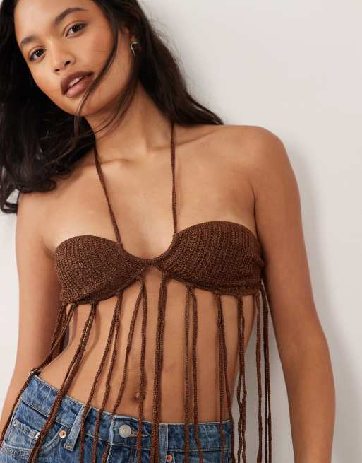 Miss Selfridge - Top de festival style brassière au crochet à franges - Chocolat, 3 de 4