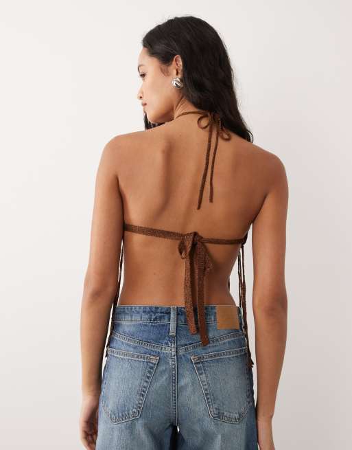 Miss Selfridge - Top de festival style brassière au crochet à franges - Chocolat, 4 de 4