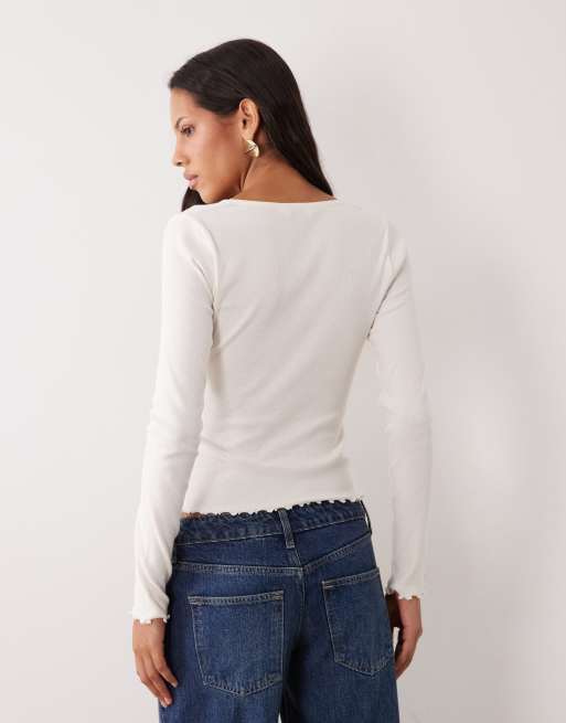 Miss Selfridge - top de manga larga con inserción de encaje en crema, 3 de 4