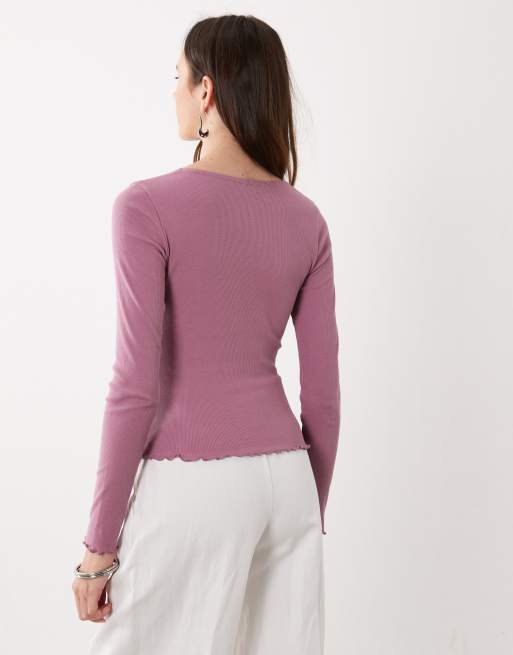Miss Selfridge - top de manga larga con inserción de encaje en malva, 4 de 4