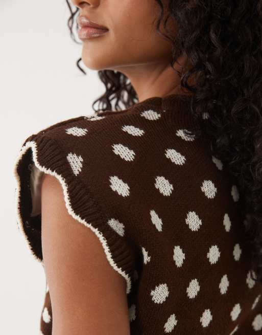 Miss Selfridge - Top de punto con cintura ancha en lunares chocolate, 3 de 4