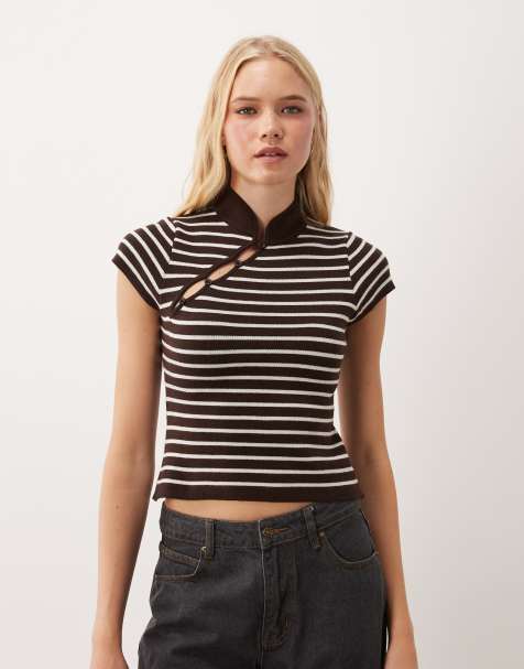 Miss Selfridge - Top de punto con cuello mao y rayas chocolate - view 1