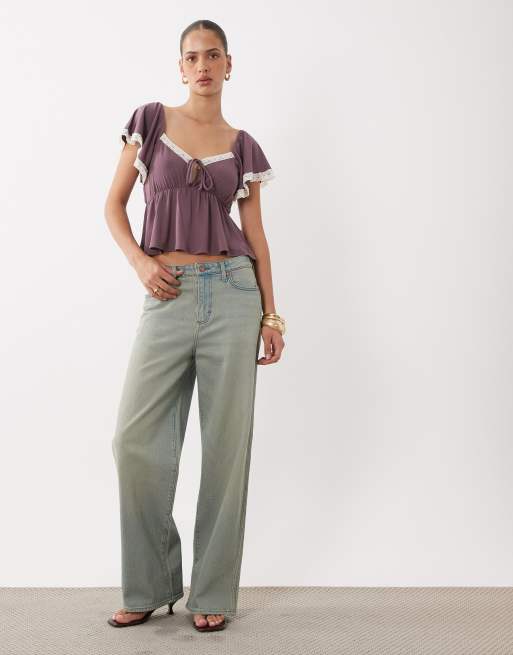 Miss Selfridge top de thé à manches volantées avec bordure en dentelle, mauve, 2 de 4