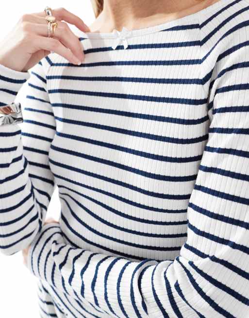 Miss Selfridge - Top d'ensemble à manches longues et encolure bateau - Rayures bleu marine, 3 de 4
