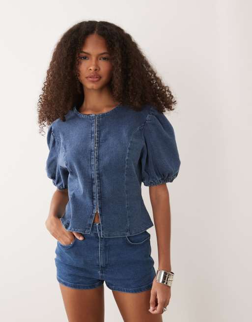 Miss Selfridge - Top d'ensemble en jean à manches bouffantes - Bleu moyen délavé, 2 de 4