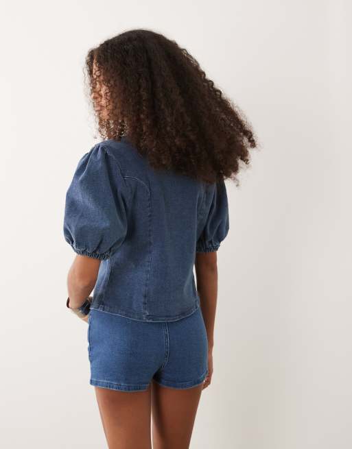 Miss Selfridge - Top d'ensemble en jean à manches bouffantes - Bleu moyen délavé, 3 de 4