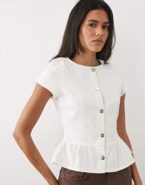 Miss Selfridge - Top d'ensemble en jean à manches courtes et basque - Crème - view 1
