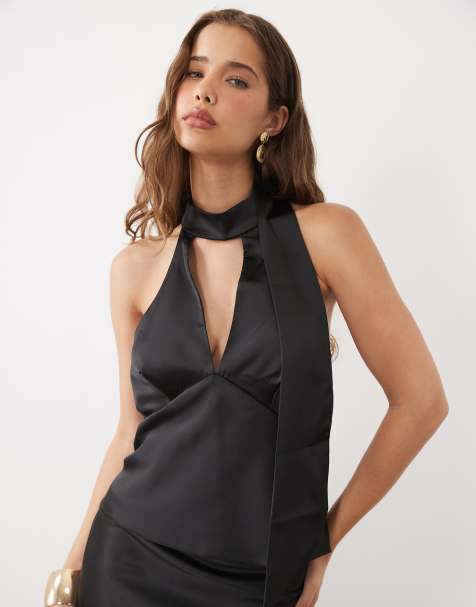 Miss Selfridge - Top d'ensemble satiné à détail foulard - Noir - view 1