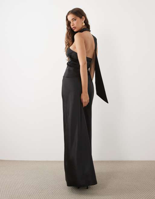 Miss Selfridge - Top d'ensemble satiné à détail foulard - Noir, 4 de 4