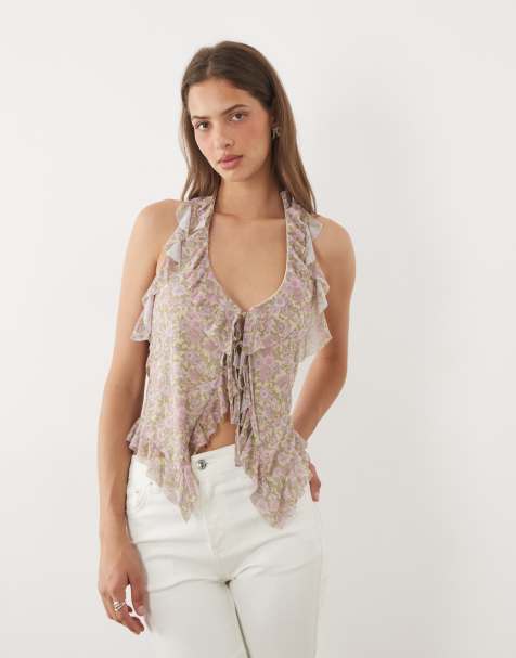Miss Selfridge - Top dos nu à volants noué devant - Imprimé fleurs - view 1