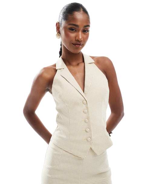 Miss Selfridge - Top dos nu d'ensemble habillé à carreaux - Neutre - view 1