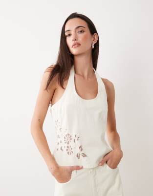 Miss Selfridge - Top dos nu en denim à détails ajourés - Écru-Blanc