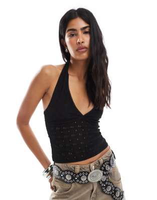 Miss Selfridge - Top dos nu en jersey au crochet à col en V - Noir - view 1