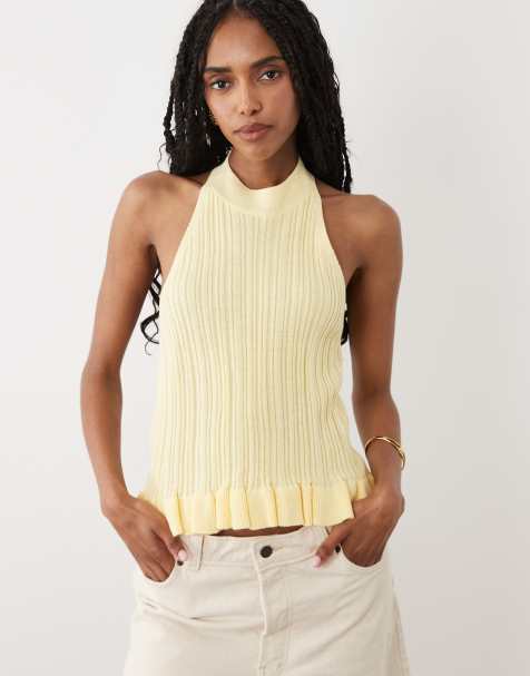 Miss Selfridge - Top dos nu en maille avec ourlet à basque - Jaune beurre - view 1