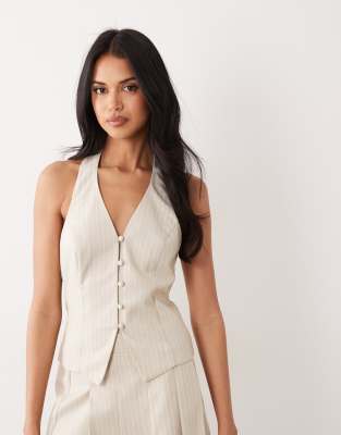 Top dos nu habillé aspect lin rayé - Beige-Vert 44