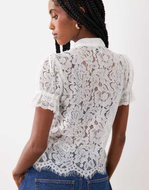 Miss Selfridge - Top en dentelle à col montant et détail boutonné, 4 de 4
