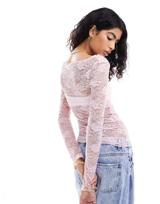 Miss Selfridge - Top en dentelle à manches longues avec encolure bateau - Rose clair, 4 de 4