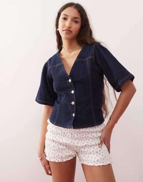 Miss Selfridge - Top en jean à manches bouffantes - Indigo délavé - view 1