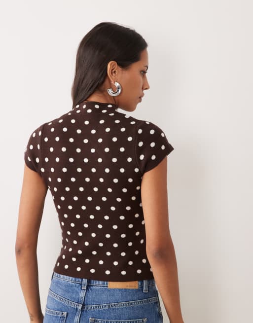 Miss Selfridge top en maille à col mao à pois chocolat, 3 de 4