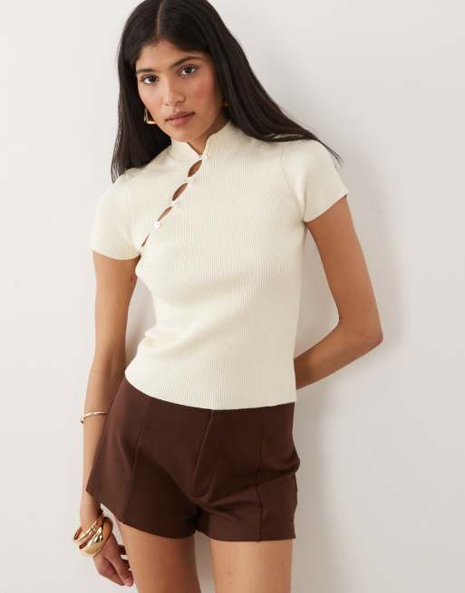 Miss Selfridge - Top en maille à col mao - Beurre, 2 de 4