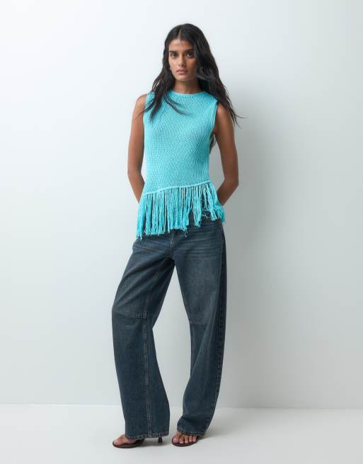 Miss Selfridge top en maille à franges bleu canard, 3 de 5