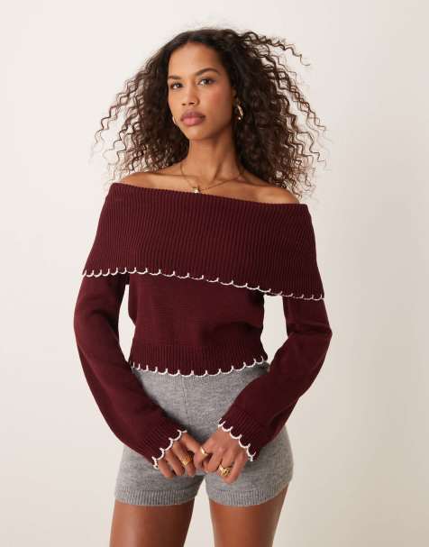 Miss Selfridge - Top en maille avec encolure Bardot en point de feston - view 1