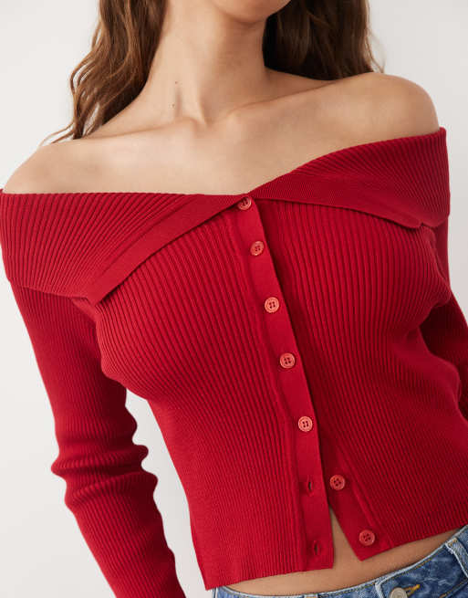 Miss Selfridge - Top en maille côtelée à encolure Bardot rabattue - Rouge, 3 de 4