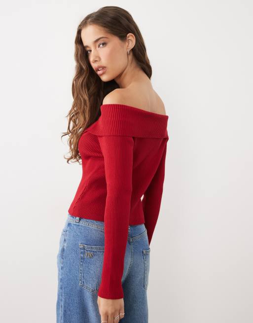 Miss Selfridge - Top en maille côtelée à encolure Bardot rabattue - Rouge, 4 de 4